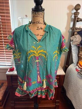 Teal Palm-Print Tassel Top